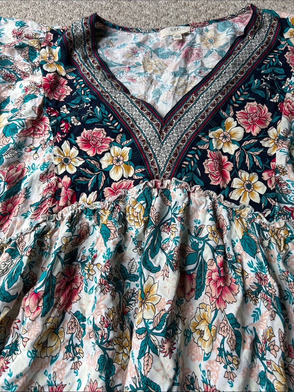 Floral V-Neck Boho Tunic Dress in Teal, Pink & Yellow - Picture 3 of 6